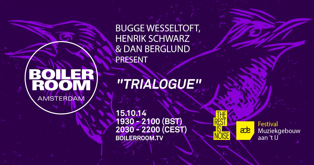 Flyer for event Bugge Wesseltoft, Henrik Schwarz & Dan Berglund.