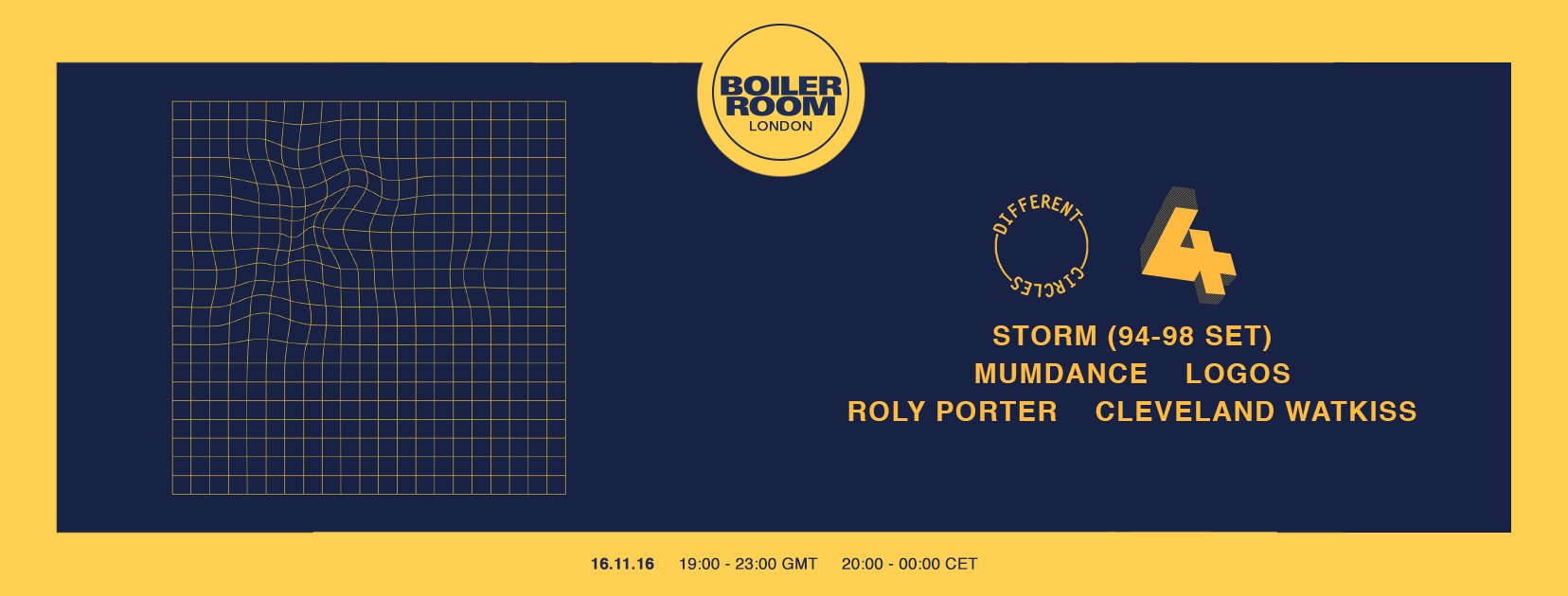 Flyer for event Different Circles: Storm, Mumdance, Logos, Roly Porter.