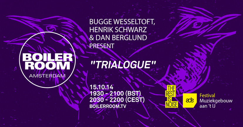 Flyer for event Bugge Wesseltoft, Henrik Schwarz & Dan Berglund.