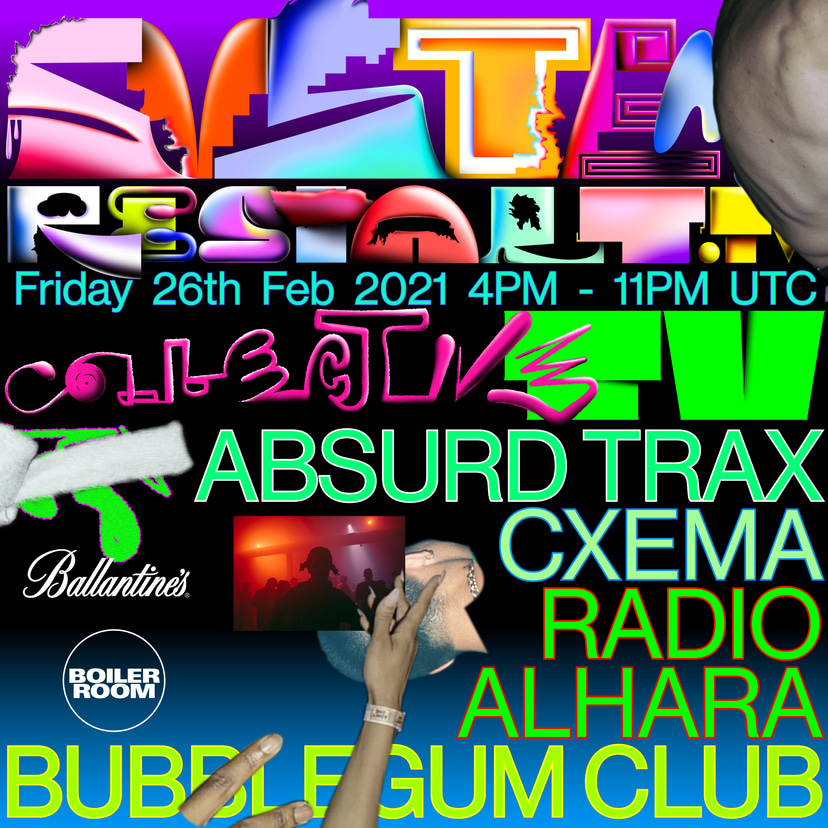 Flyer for event Collective TV: Cxema, Radio Alhara, Absurd Trax, Bubblegum.