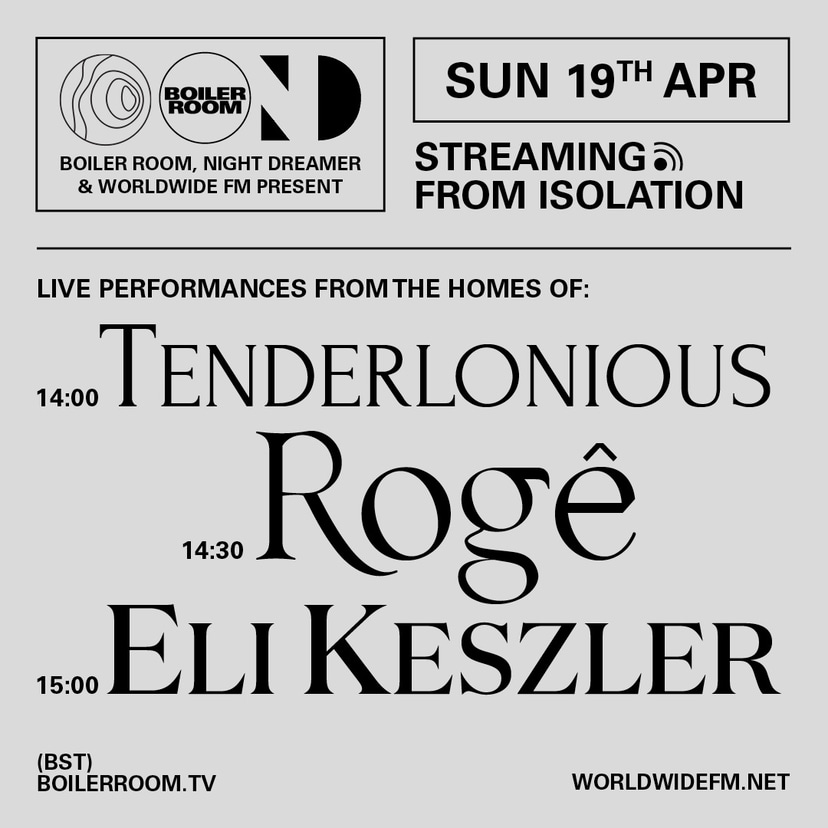 Flyer for event Streaming From Isolation with Night Dreamer & Worldwide FM: Eli Keszler.